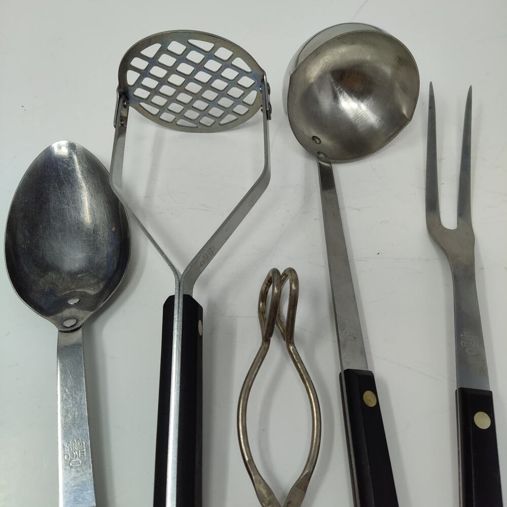 4X Ekco Flint Arrowhead Utensil Set + Vanadium Fork Spoon Mash Black Handle Vtg - Picture 5 of 8